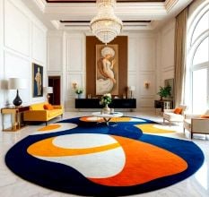 Handcrafted Round Abstract Blue Orange Living Room Rug